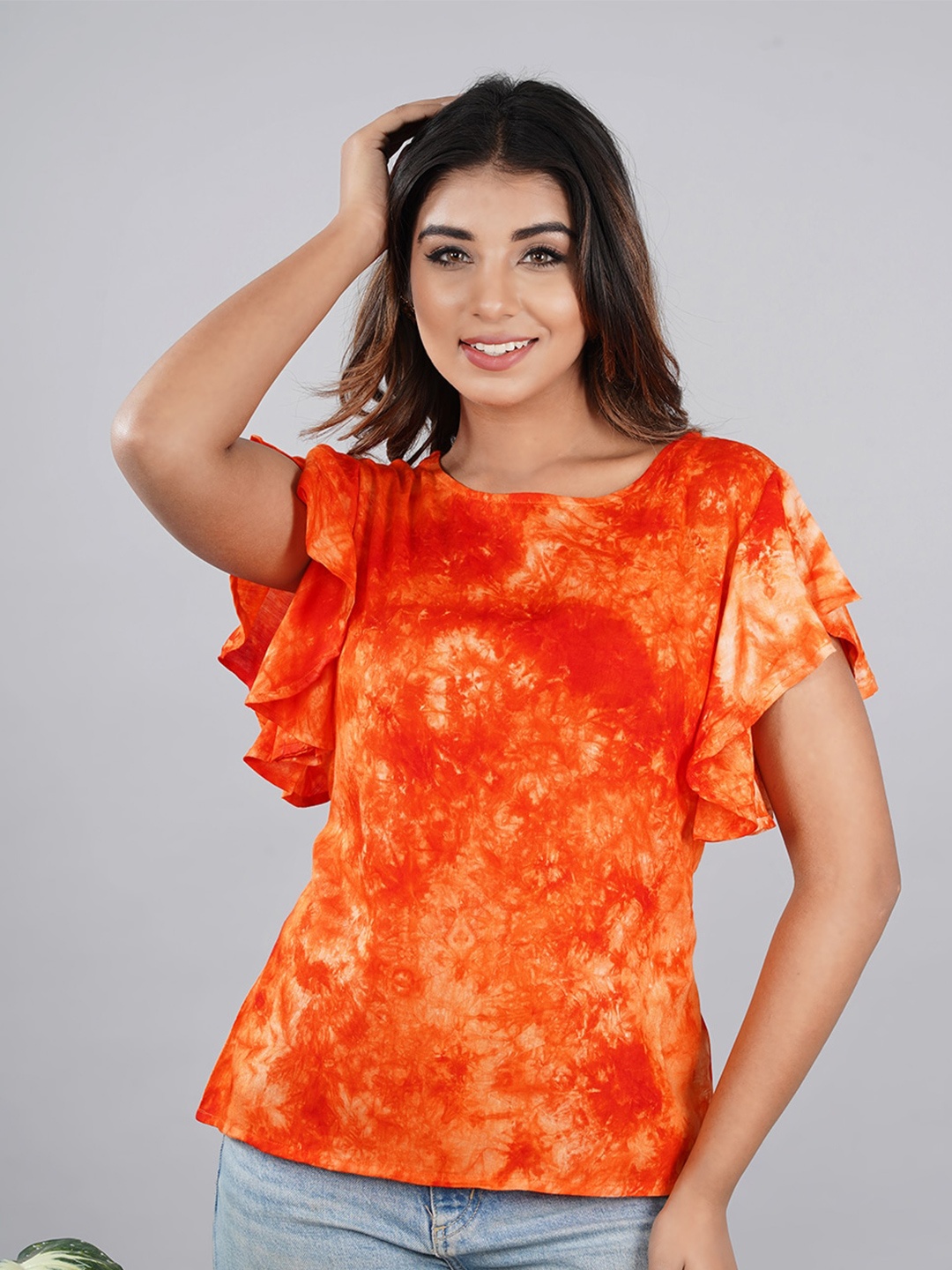 

Bachuu Flutter Sleeves Tie and Dye Print Top, Orange
