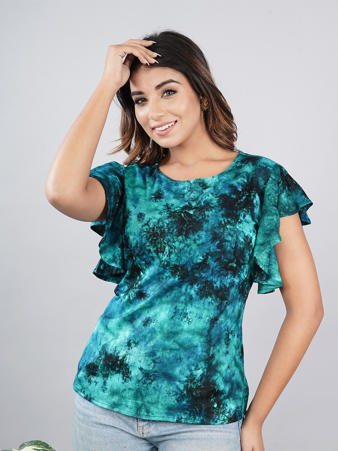 

Bachuu Flutter Sleeves Tie and Dye Print Top, Green