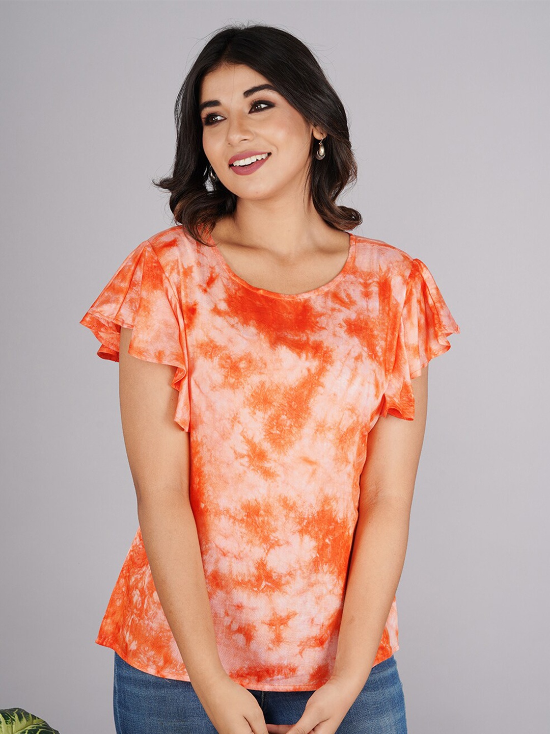 

Bachuu Tie and Dye Dyed Flutter Sleeves Top, Peach