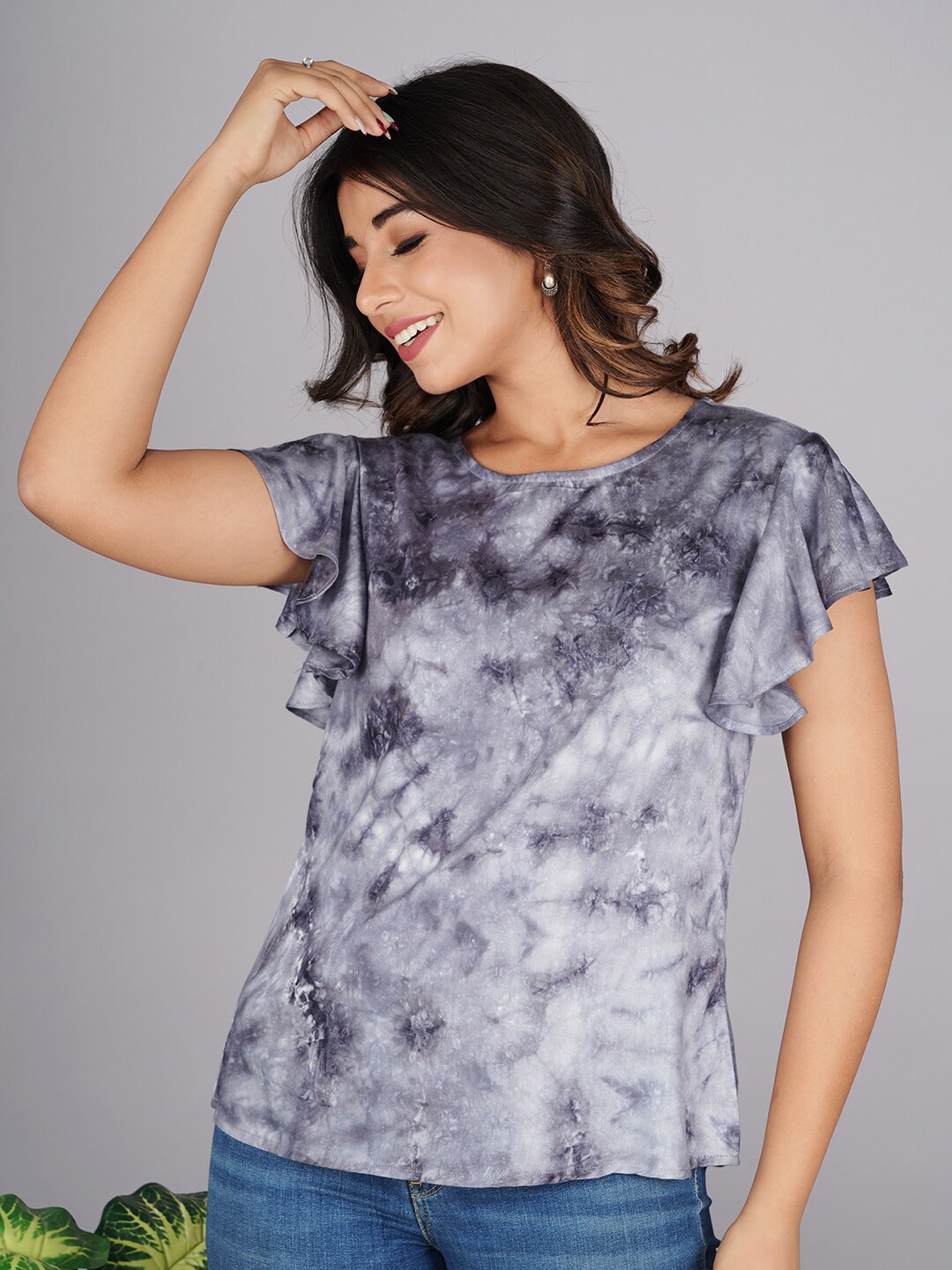 

Bachuu Flutter Sleeves Tie and Dye Dyed Top, Grey