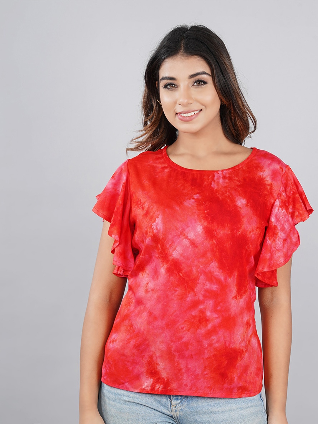 

Bachuu Tie and Dye Round Neck Flutter Sleeves Top, Red