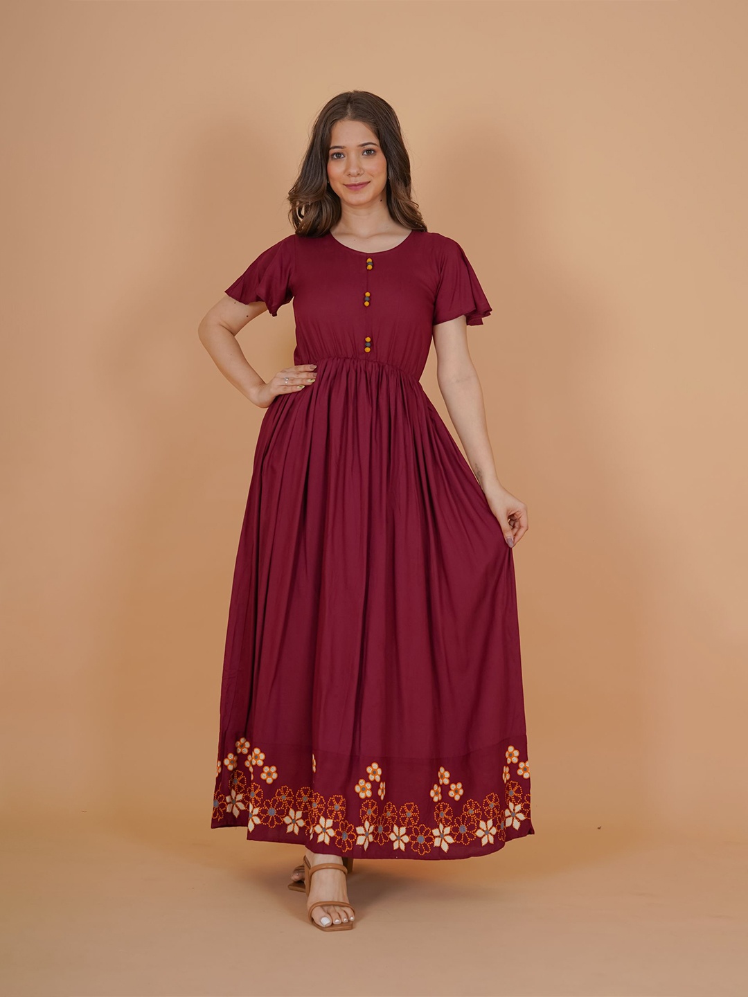 

DAEVISH Floral Printed Flared Sleeves Gathered Maxi Fit & Flare Dress, Maroon