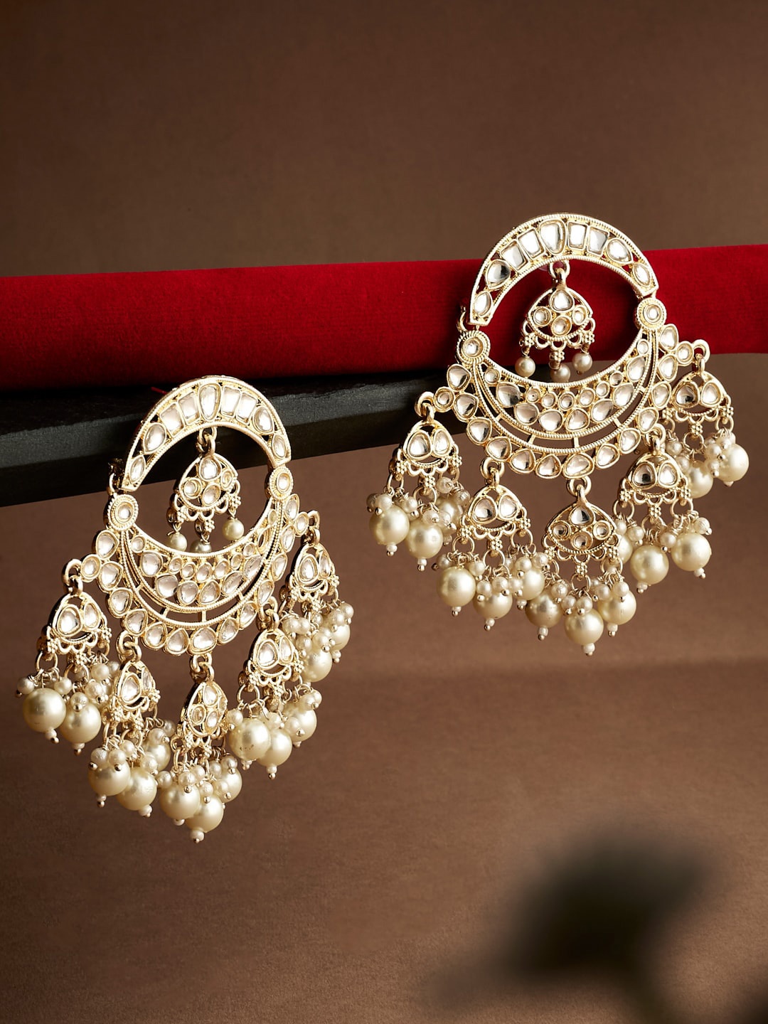 

ATIBELLE Gold-Plated Kundan Stone Studded Crescent Shaped Chandbalis, White