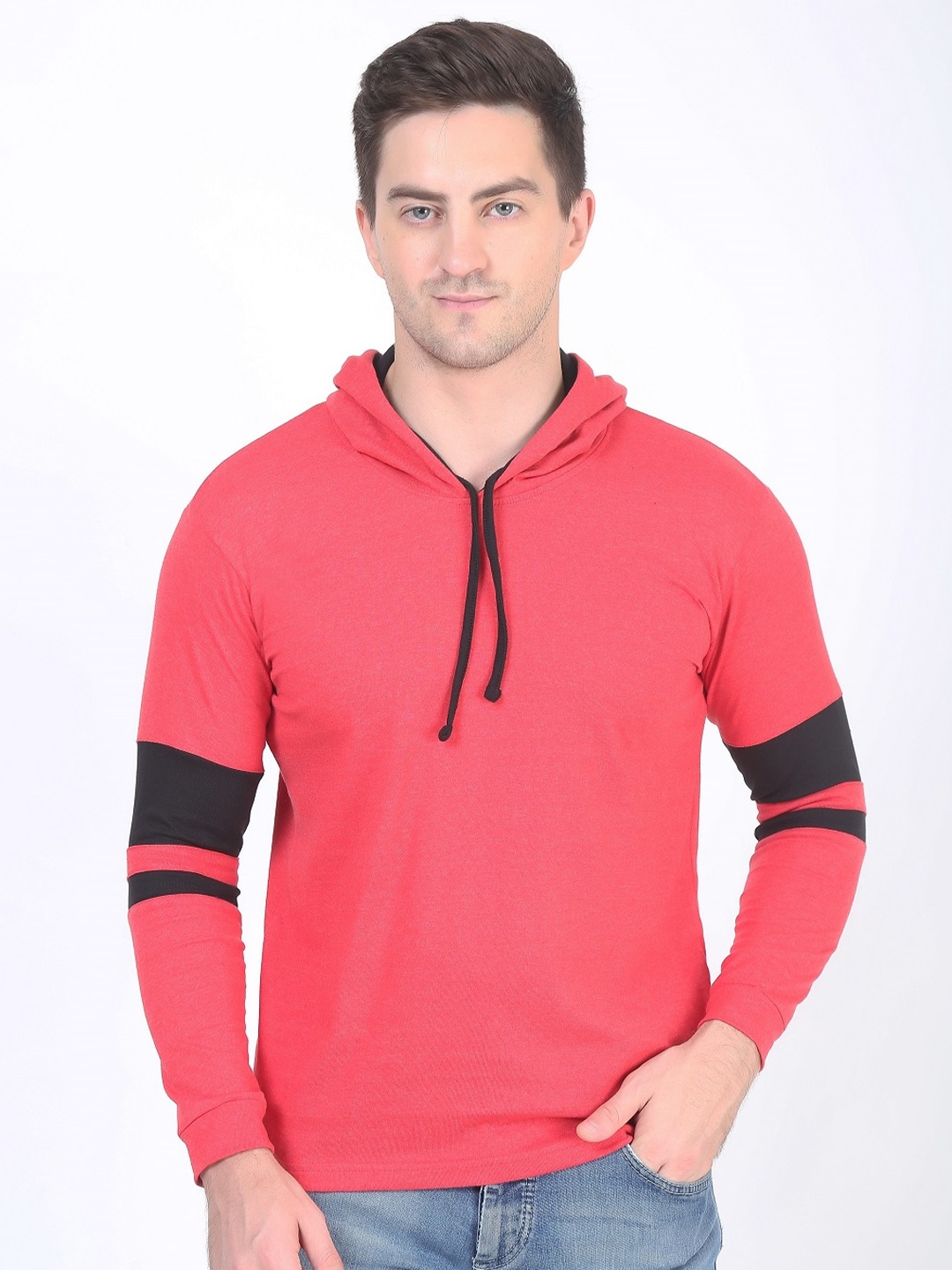 

DIAZ Long Sleeves Hooded Cotton T-shirt, Red