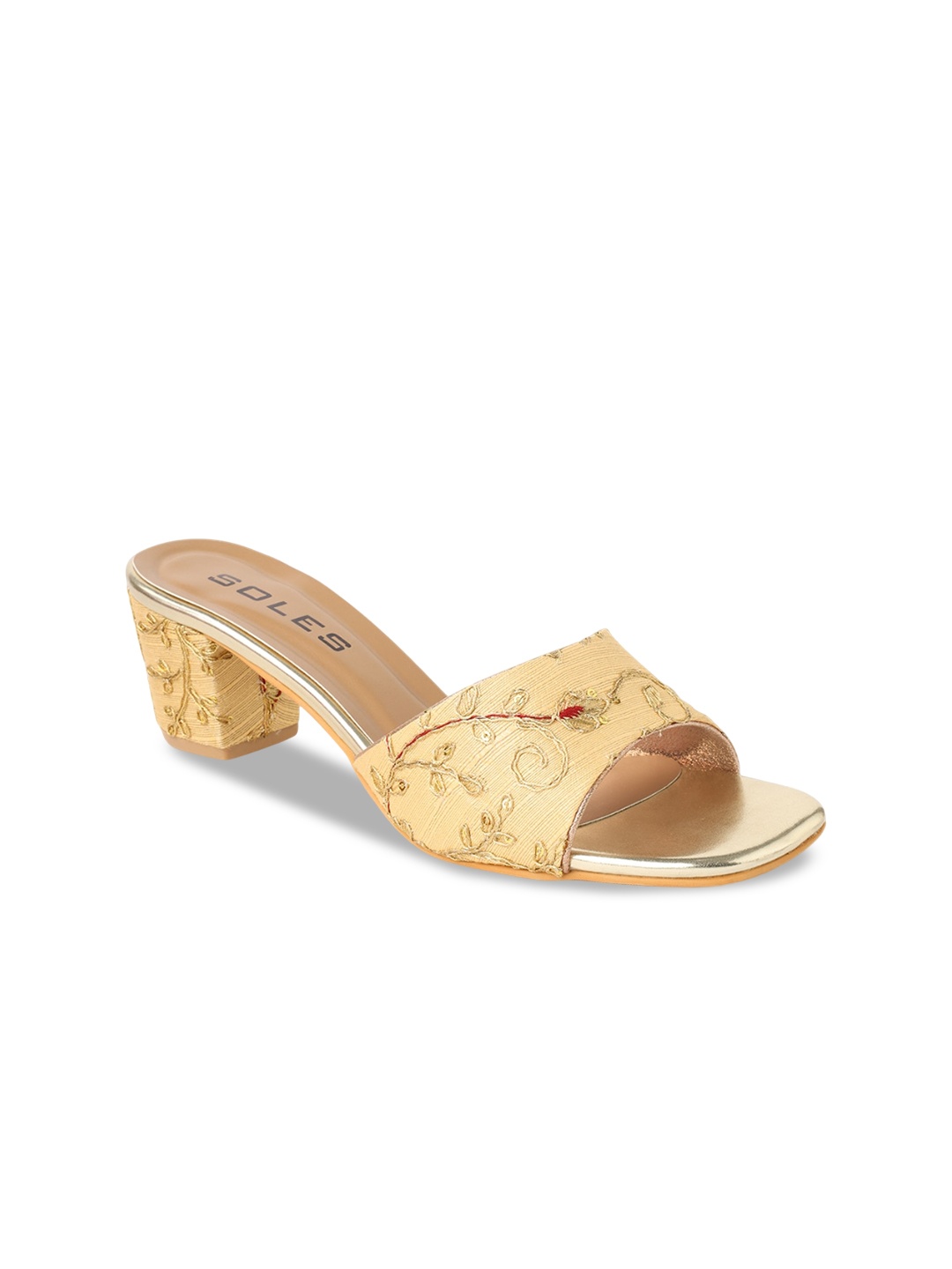 

SOLES Embroidered Open Toe Block Heels, Gold