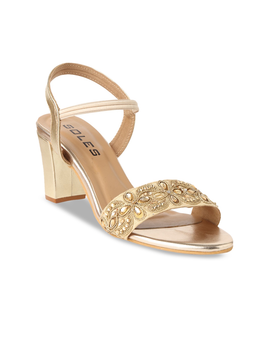 

SOLES Embellished Block Heels With Backstrap, Gold