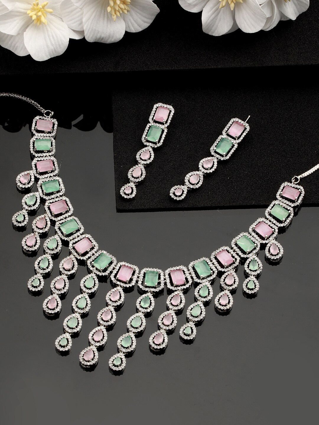 

Jazz and Sizzle Silver-Plated AD Studded Jewellery Set, Pink