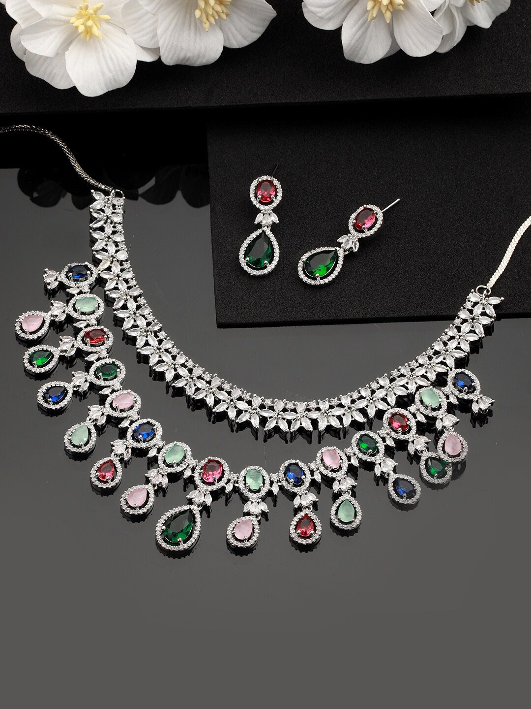 Jazz and Sizzle Silver-Plated AD-Studded & Beaded Layered Jewellery Set