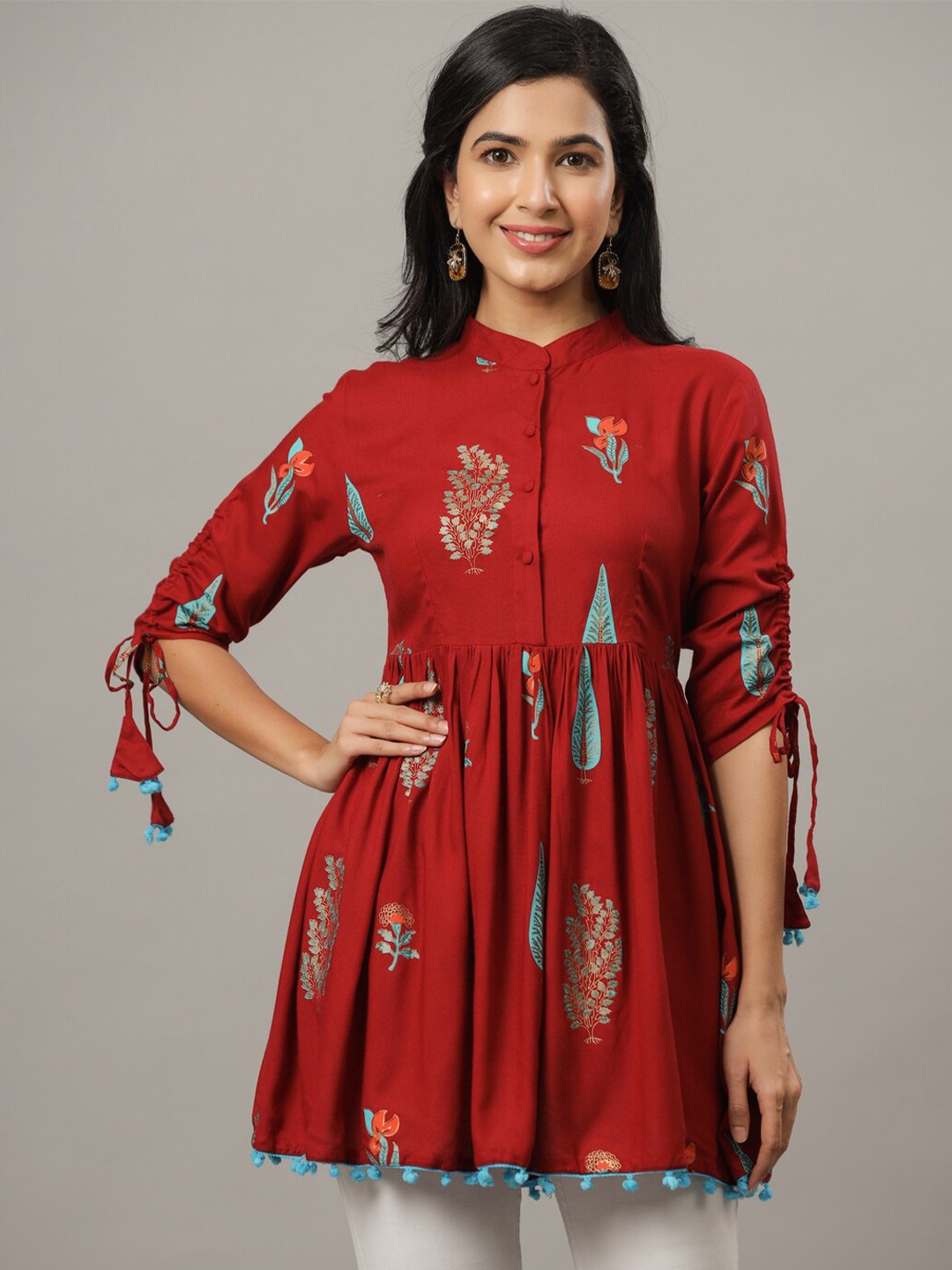 

Indian Virasat Floral Print Mandarin Collar A- line Kurti, Maroon