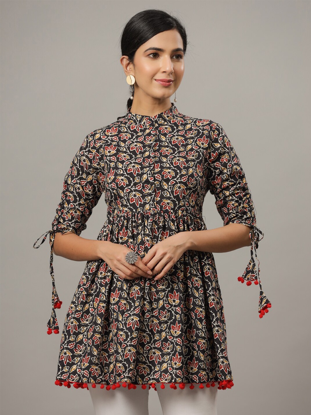 

Indian Virasat Floral Print Mandarin Collar Pure Cotton Empire Longline Top, Black