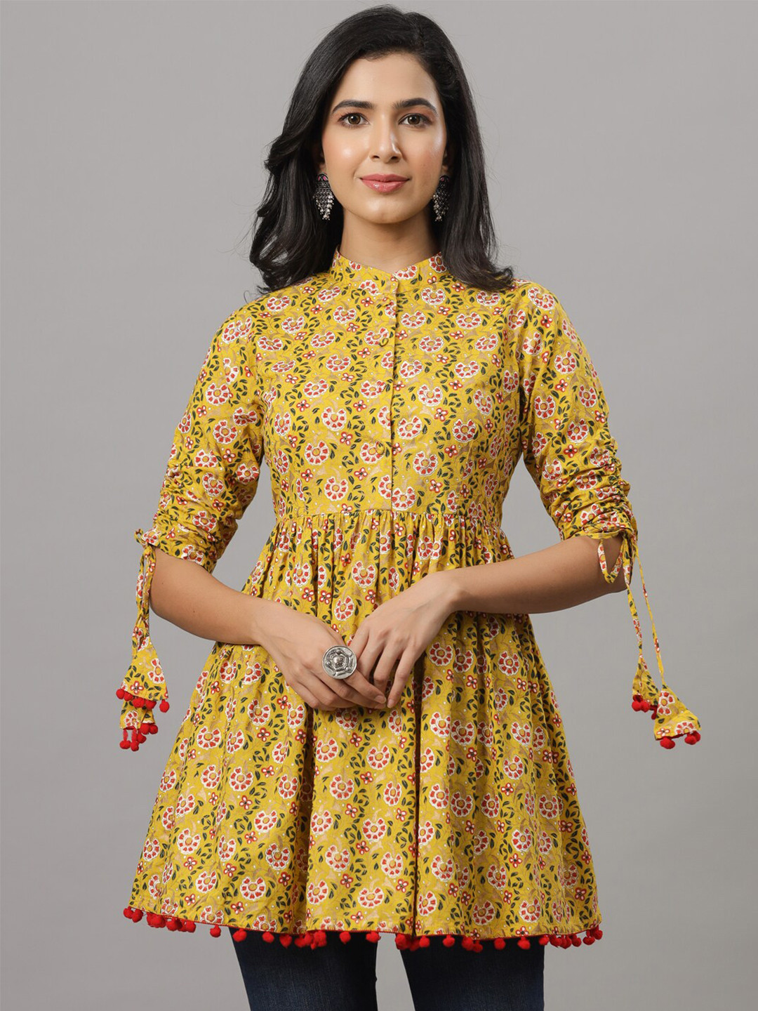 

Indian Virasat Floral Printed Mandarin Collar Empire Pure Cotton Longline Top, Yellow