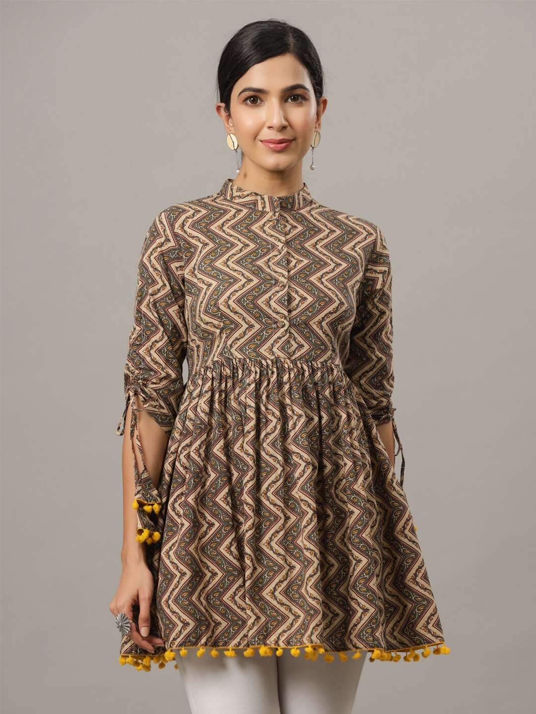 

Indian Virasat Pure Cotton Geometric Print Mandarin Collar Top, Beige