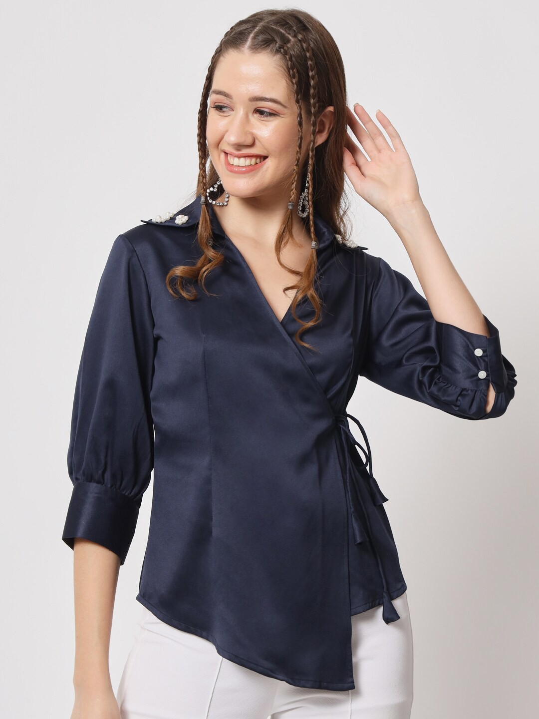 

angloindu Cuffed Sleeves Satin Wrap Top, Navy blue