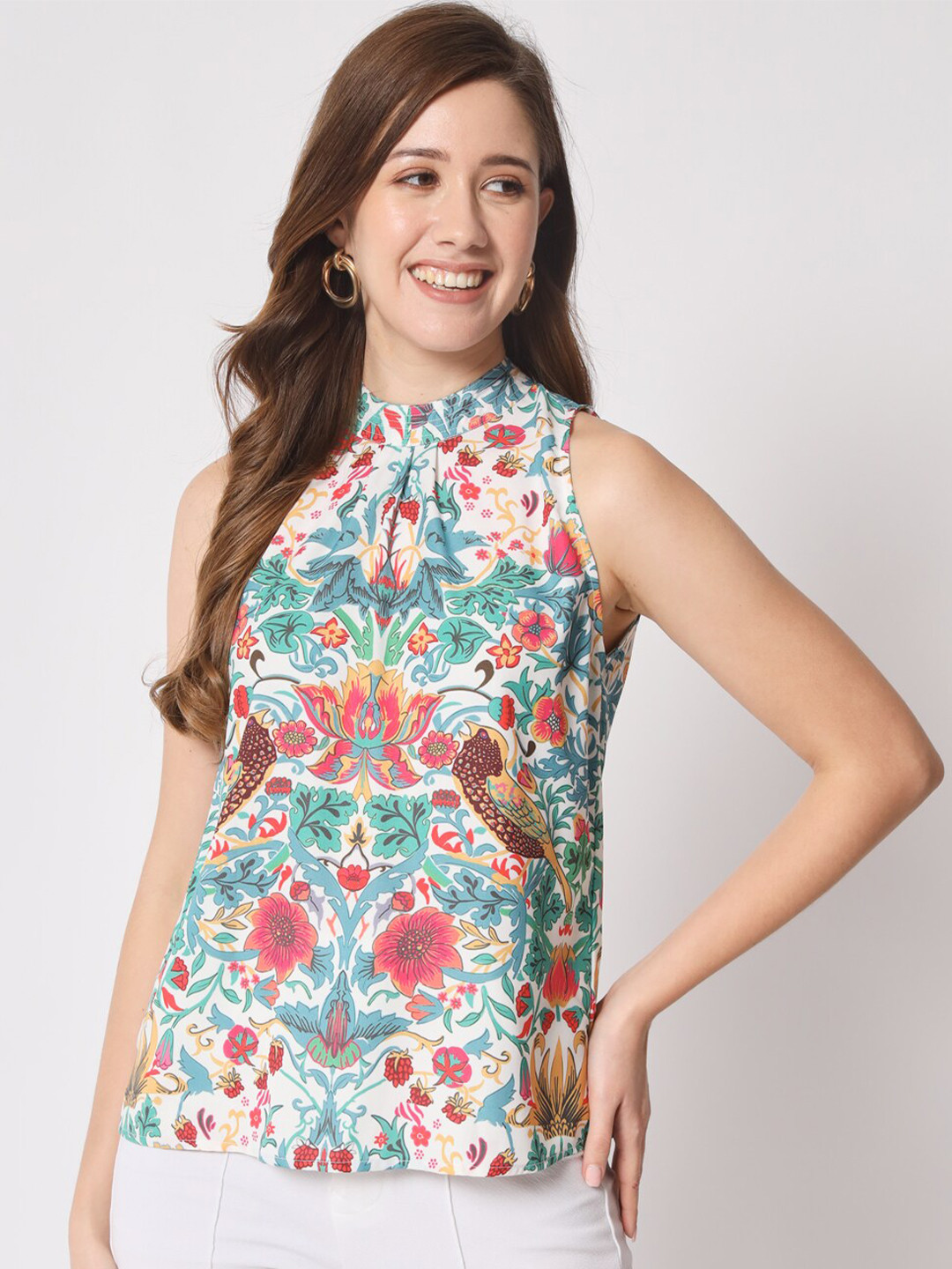 

angloindu Floral Print Tie-Up Neck Top, White