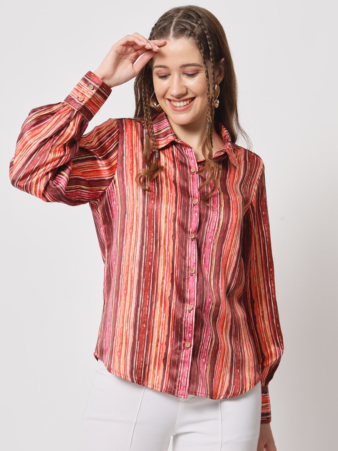 

angloindu Classic Vertical Stripes Striped Satin Casual Shirt, Maroon