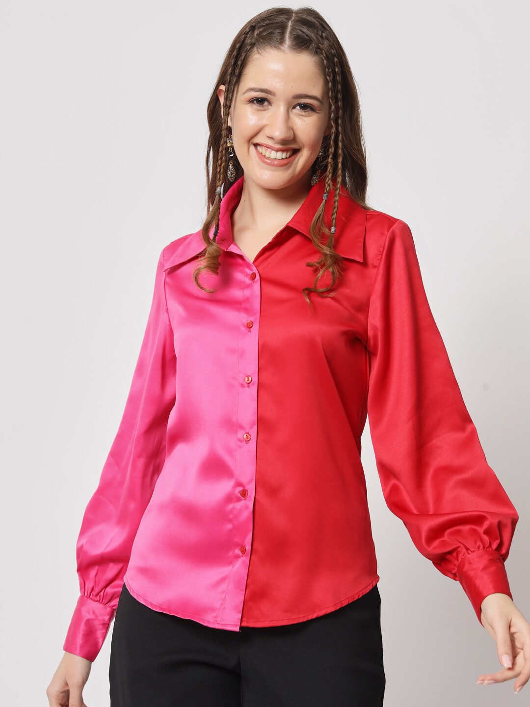 

angloindu Classic Colourblocked Satin Casual Shirt, Red
