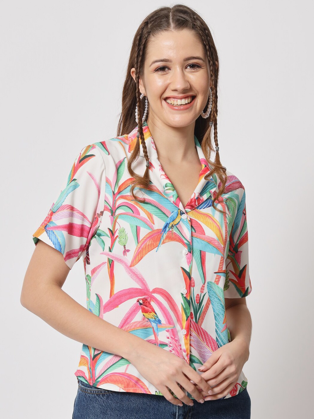 

angloindu Tropical Printed Classic Casual Shirt, White