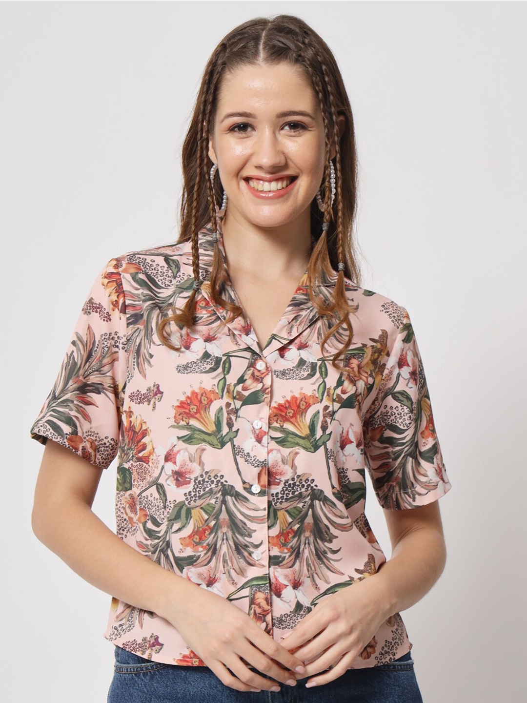 

angloindu Classic Floral Printed Casual Shirt, Peach