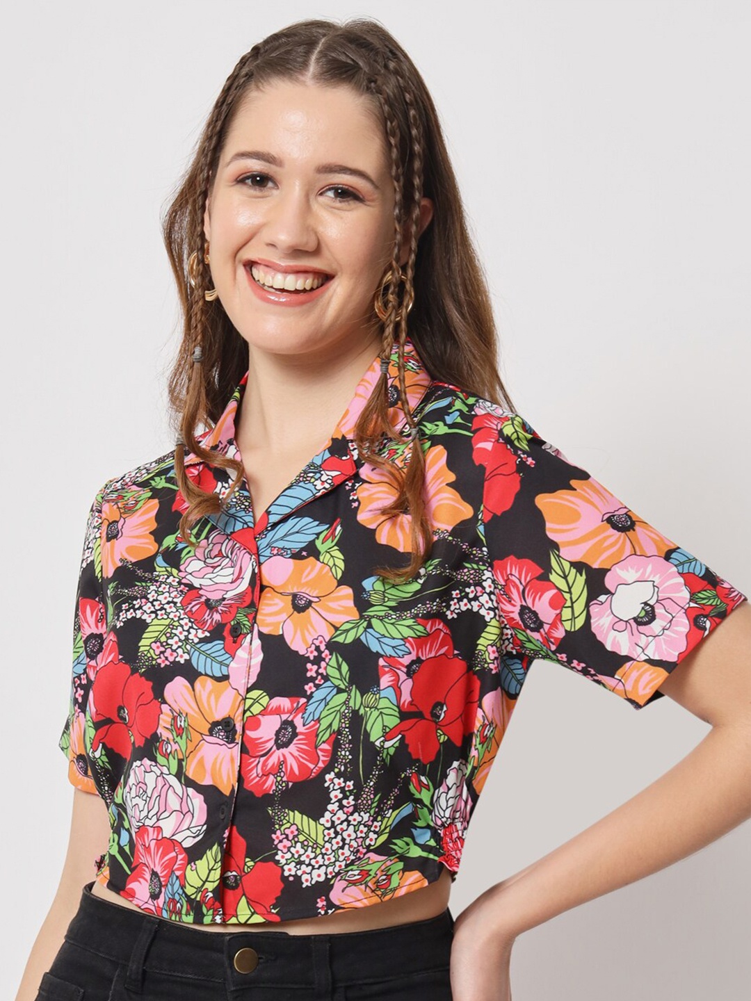 

angloindu Classic Floral Printed Casual Shirt, Black