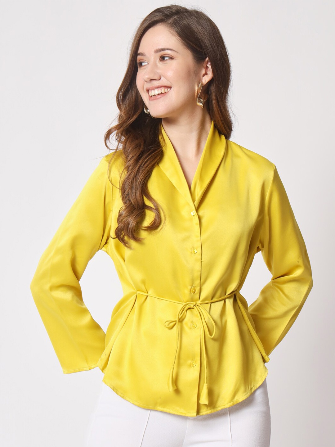 

angloindu Waist Tie-Up Satin Shirt Style Top, Yellow