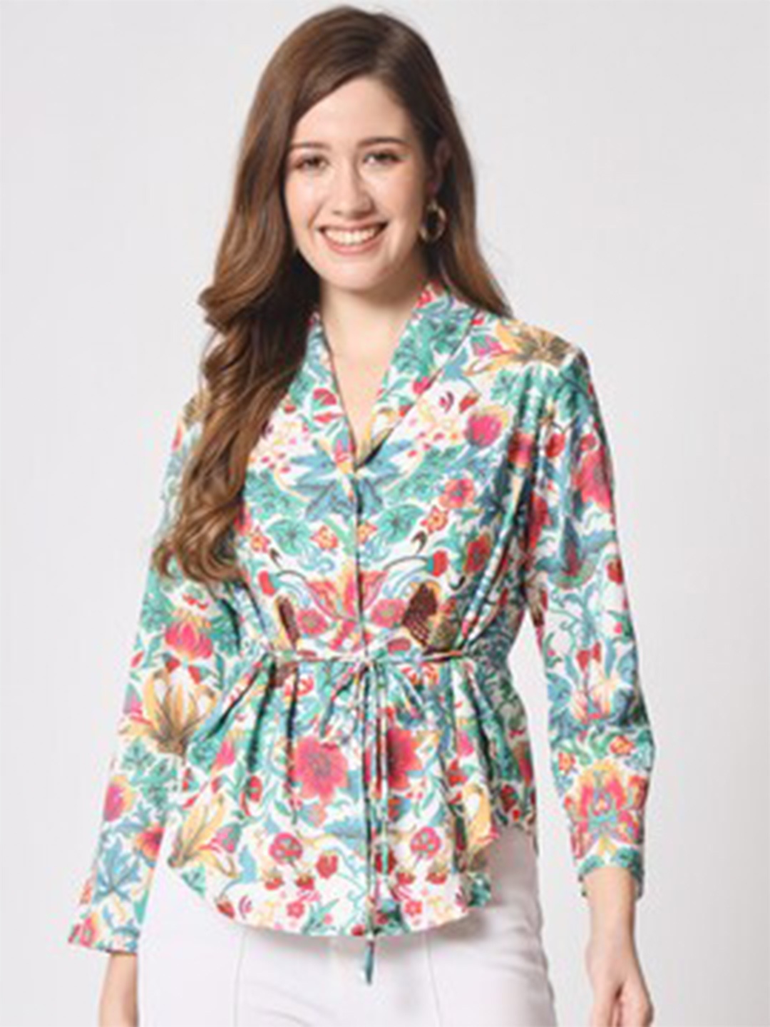 

angloindu Floral Printed Shirt Style Top, White