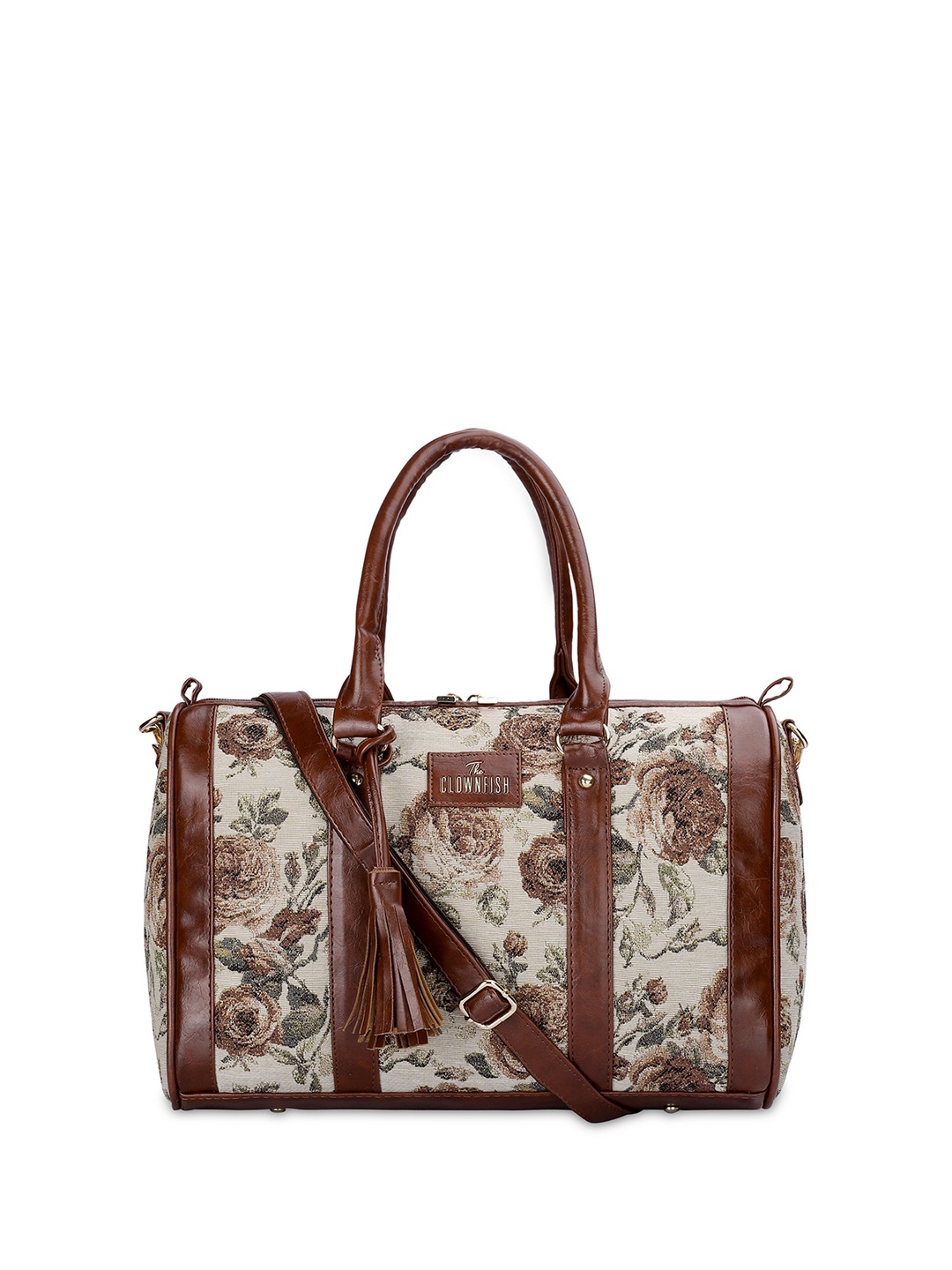 

THE CLOWNFISH Tassels Floral Printed Bowling Handheld Bag, Brown