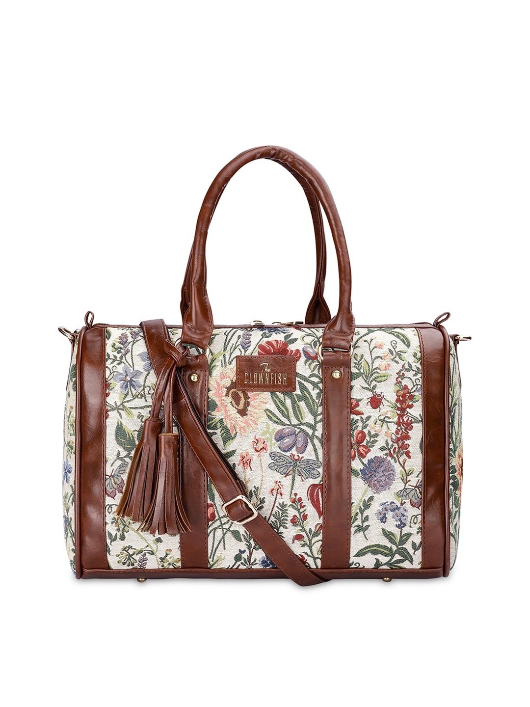 

THE CLOWNFISH Floral Printed Structured Fabric Handheld Bag With Tasselled, White
