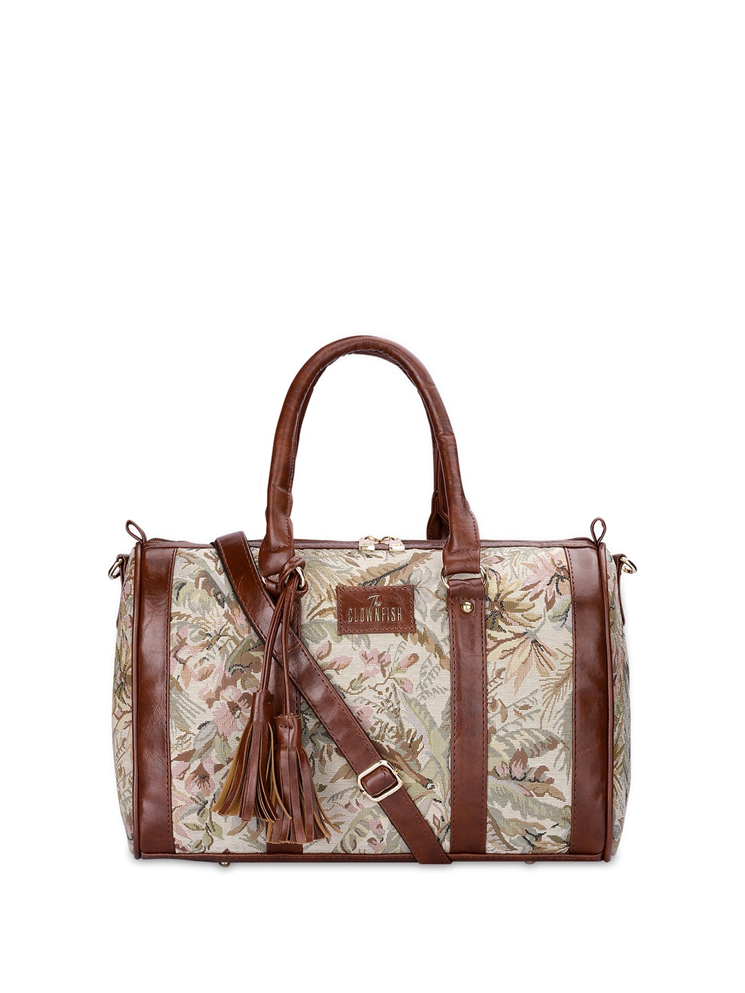 

THE CLOWNFISH Lorna Floral Printed Structured Fabric Handheld Bag With Tasselled, Beige