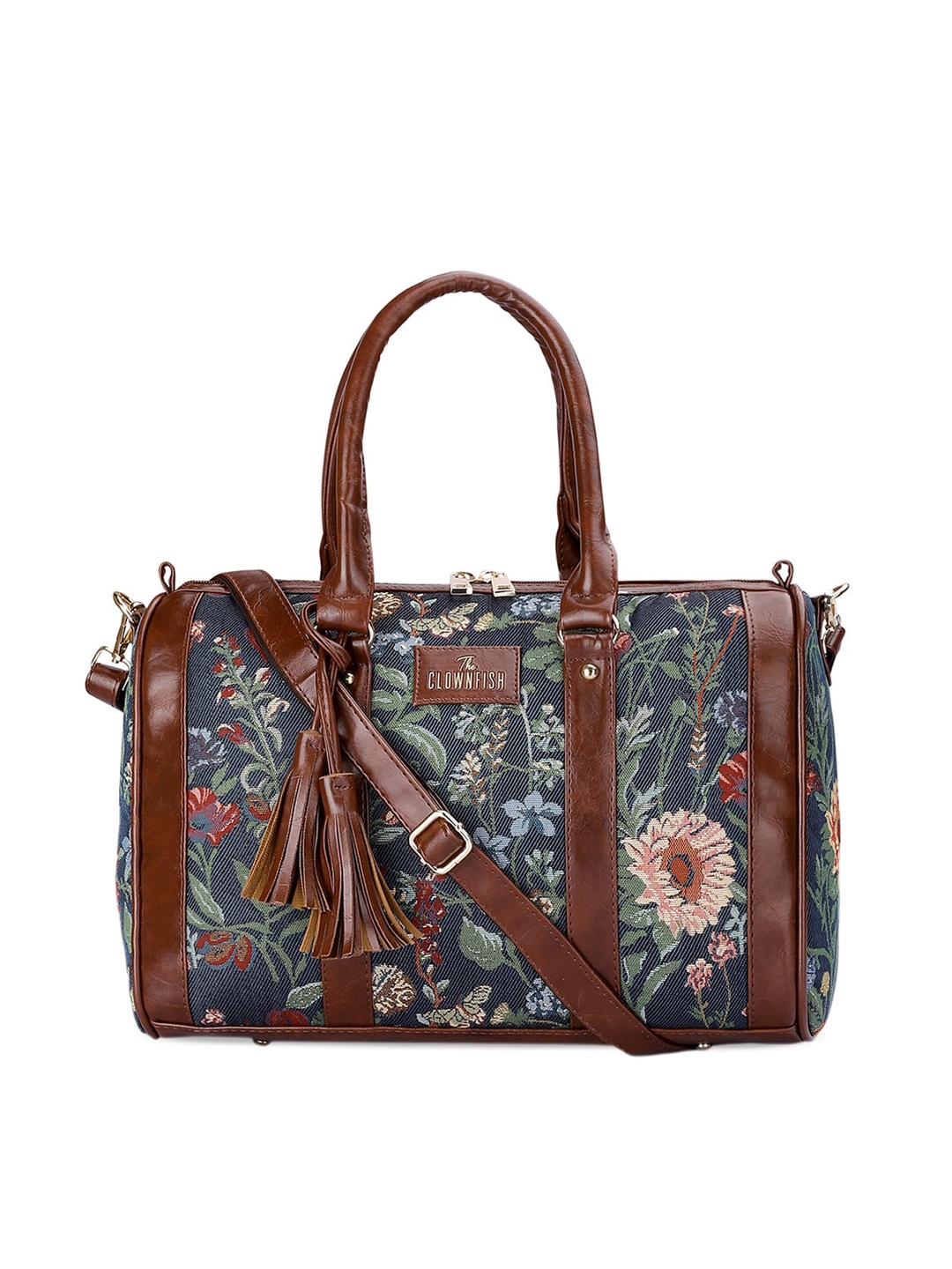 

THE CLOWNFISH Lorna Floral Printed Oversized Structured Handheld Bag with Tasselled, Navy blue