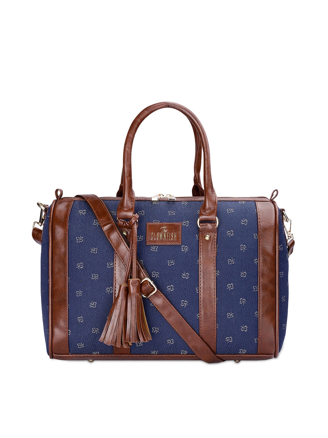 

THE CLOWNFISH Lorna Floral Printed Oversized Structured Handheld Bag With Tasselled, Navy blue