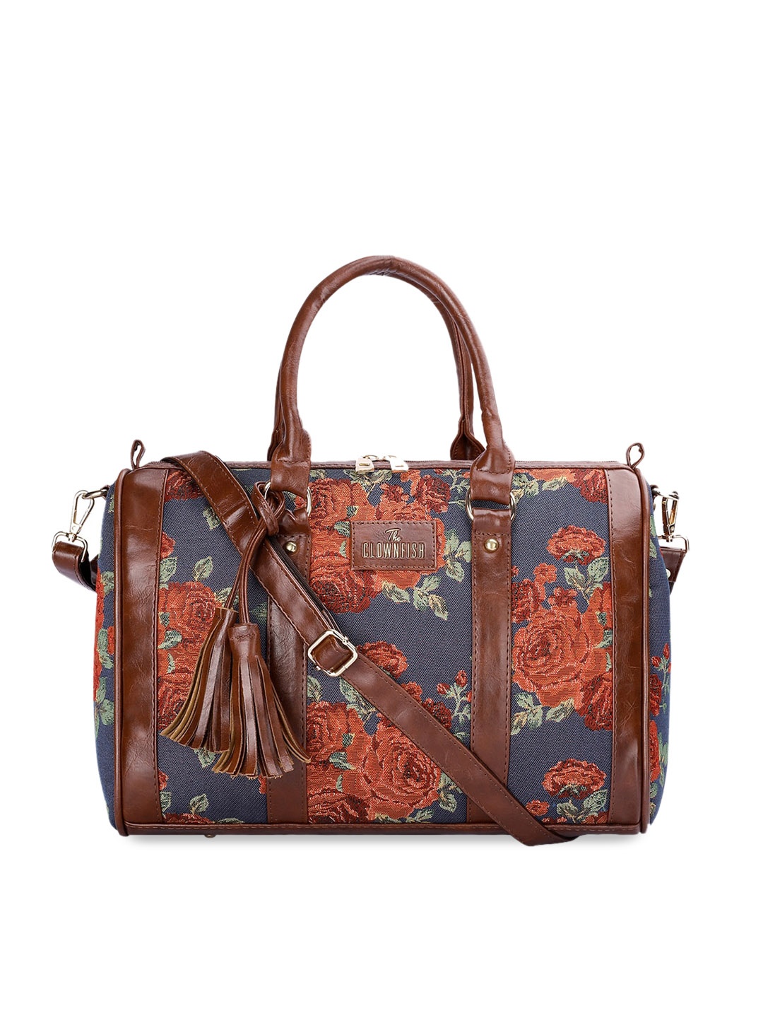 

THE CLOWNFISH Floral Printed Structured Handheld Bag with Tasselled, Navy blue