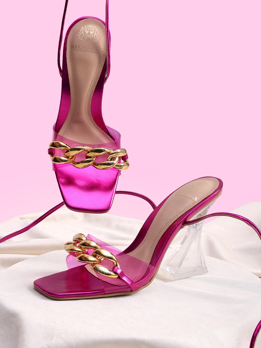 

MODA-X Embellished Open Toe Lace-Up Block Heels, Pink