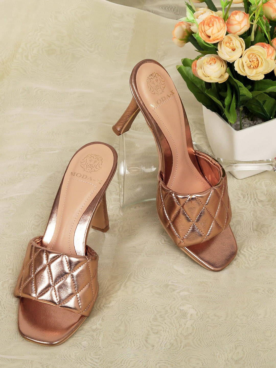 

MODA-X Textured Open Toe Slim Heels, Rose gold