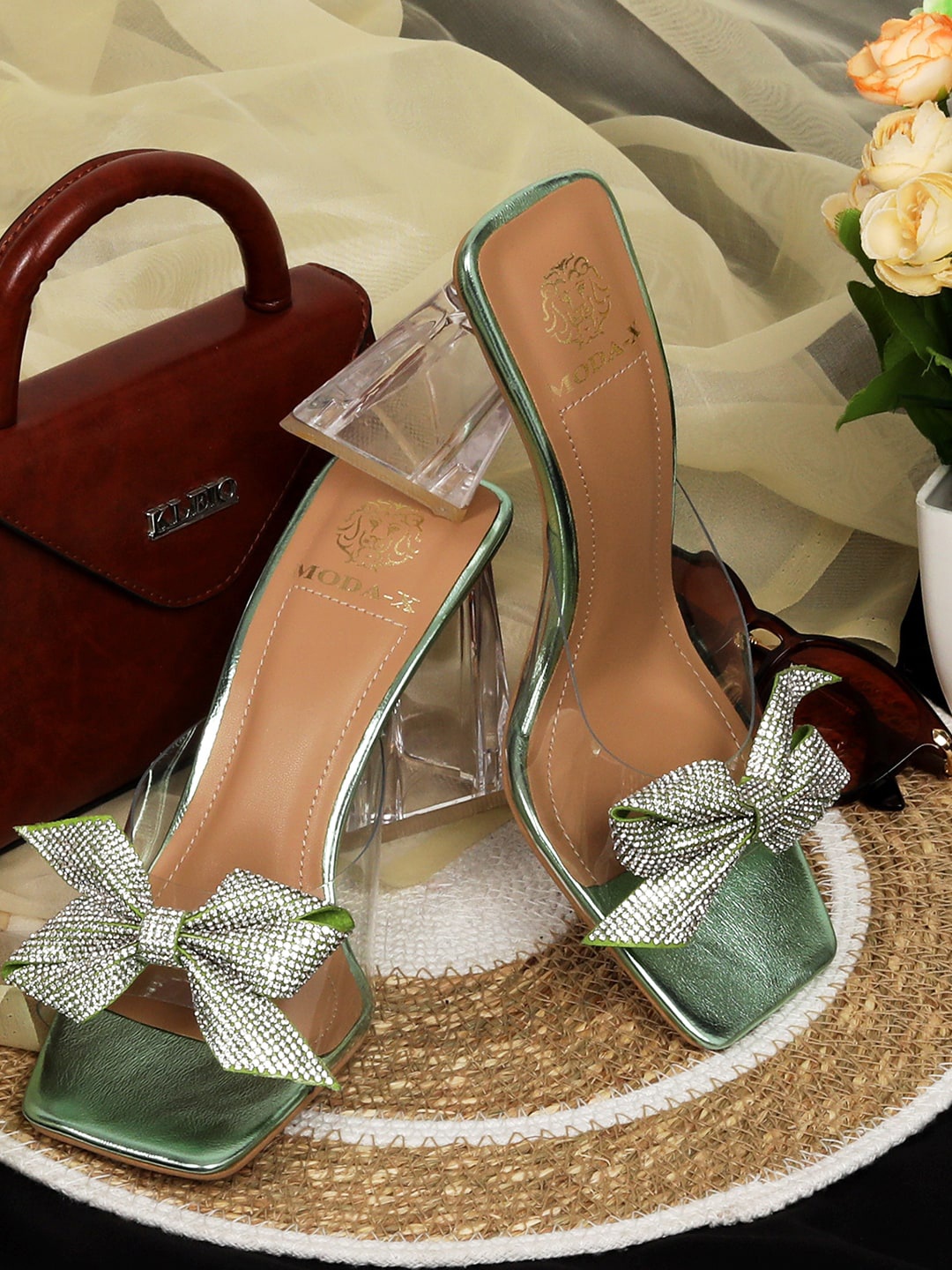 

MODA-X Embellished Block Heels With Bows, Green