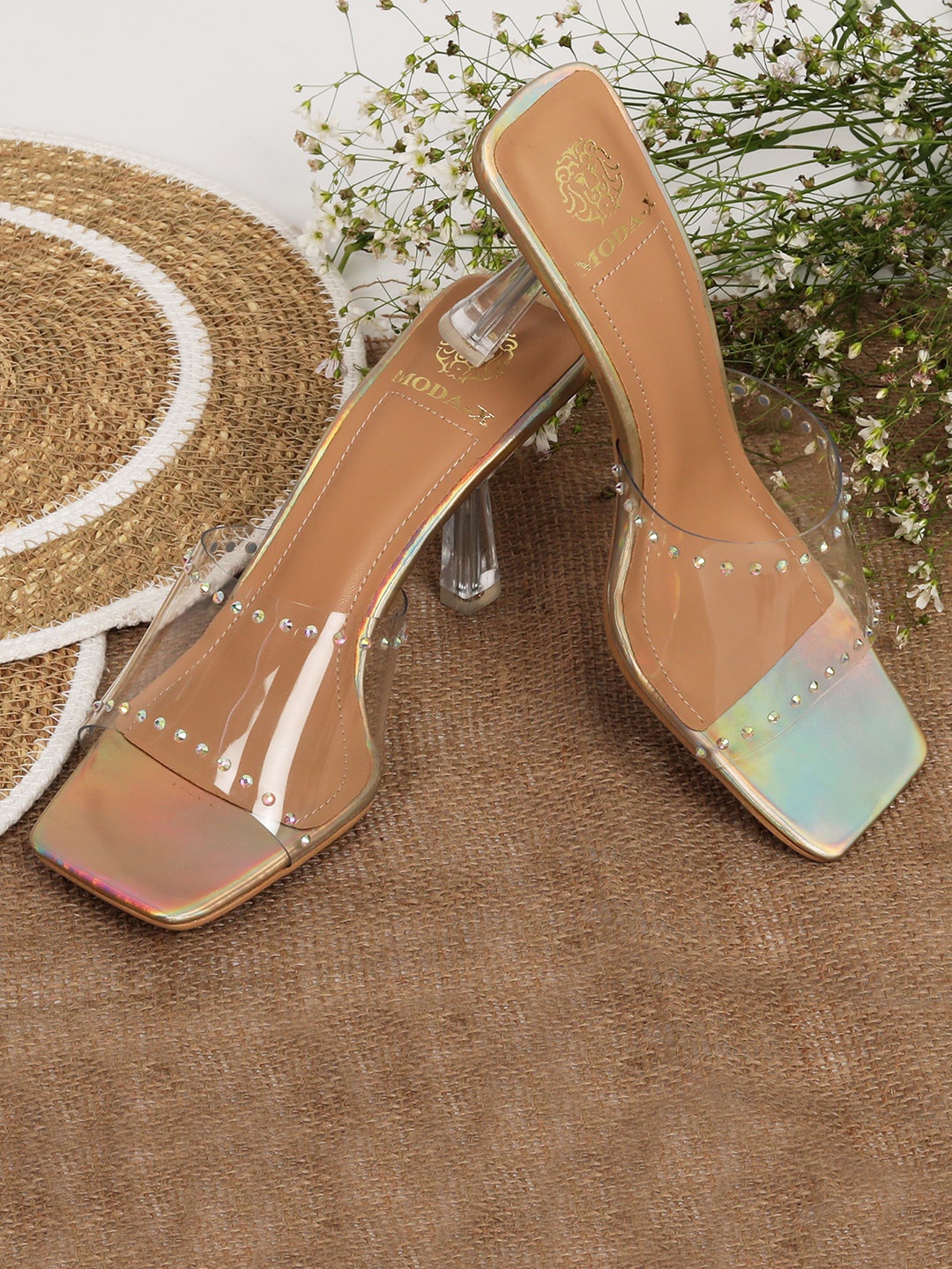 

MODA-X Embellished Transparent Open Toe Slim Heels, Gold