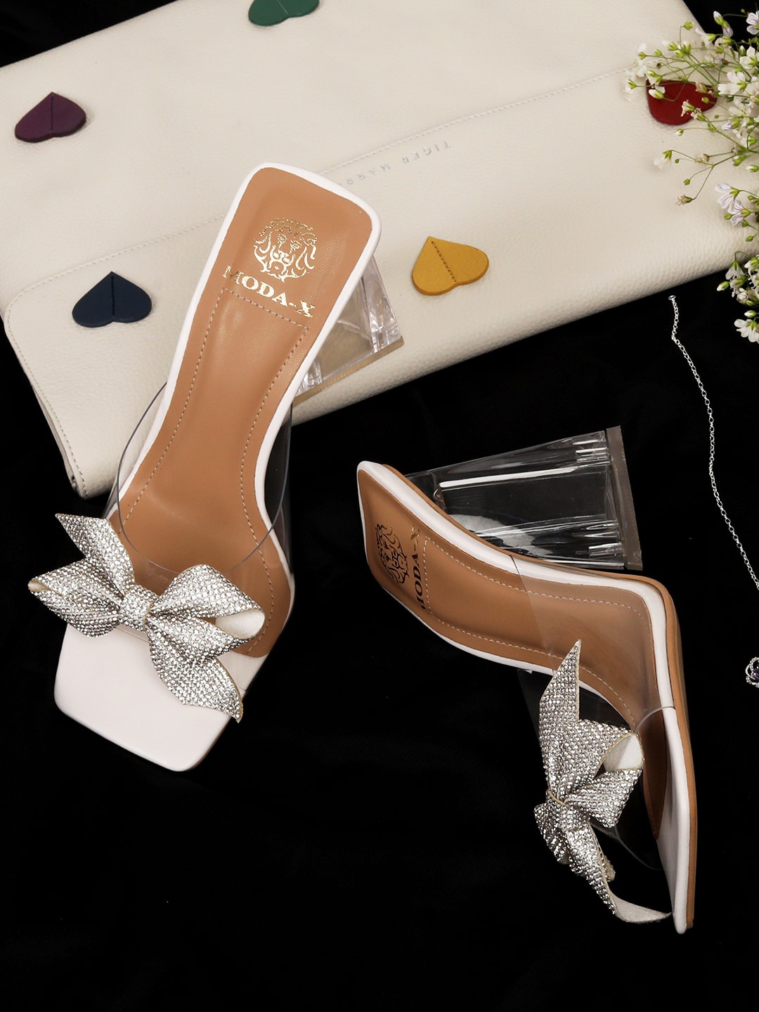 

MODA-X Transparent Party Open Toe Block Heels With Bows, White