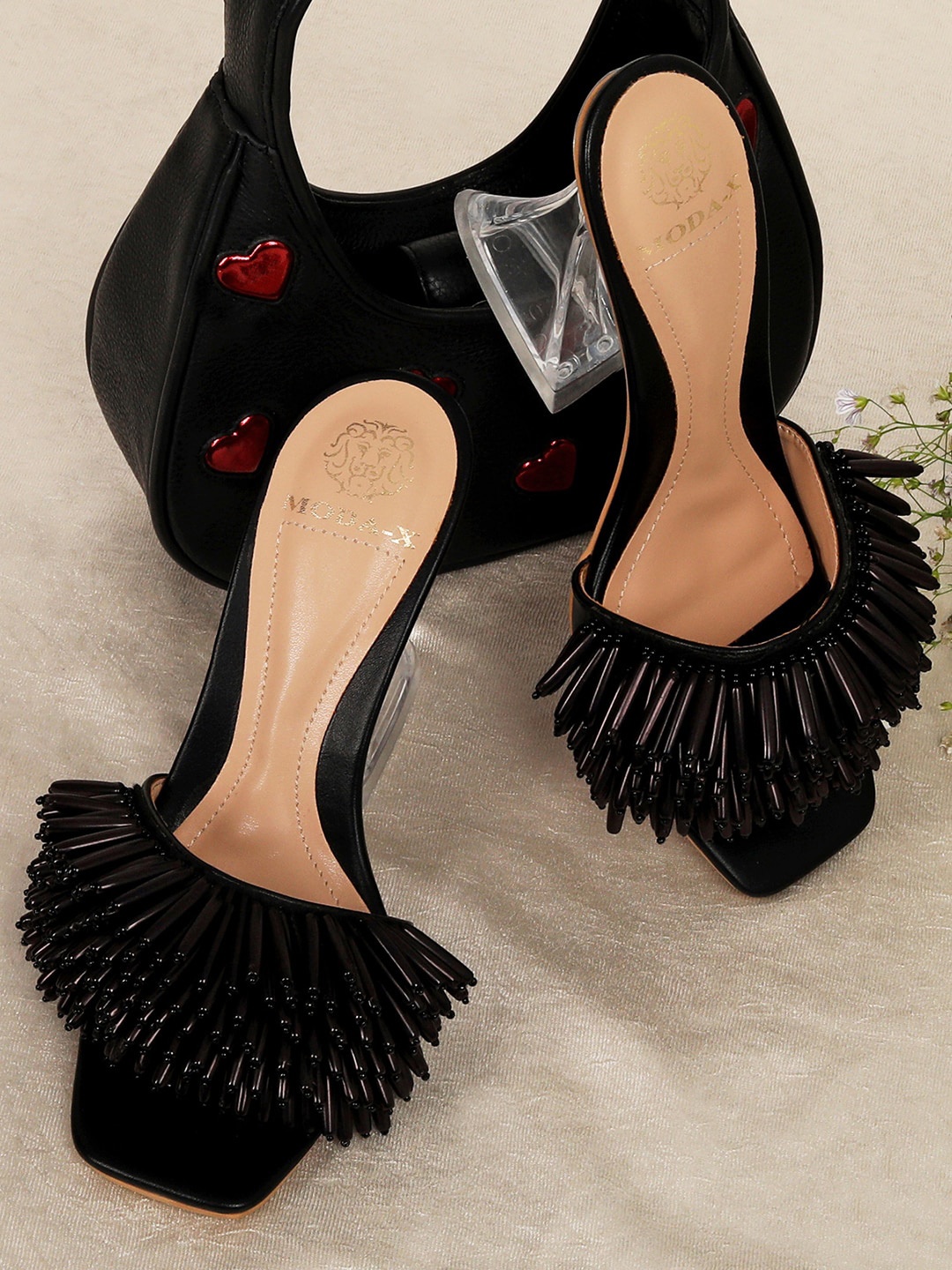 

MODA-X Woven Design Open Toe Block Heels, Black