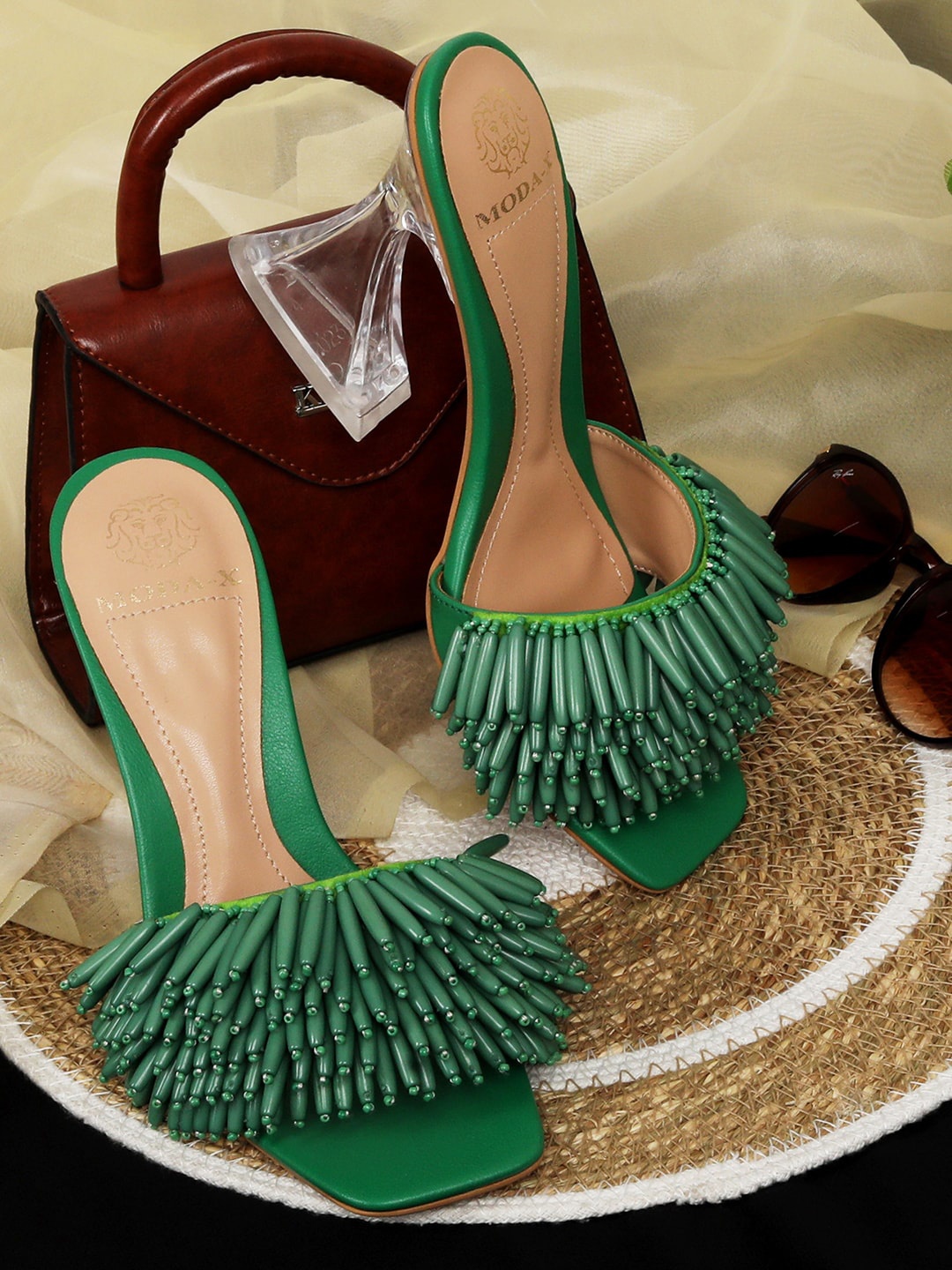 

MODA-X Woven Design Open Toe Block Heels, Green