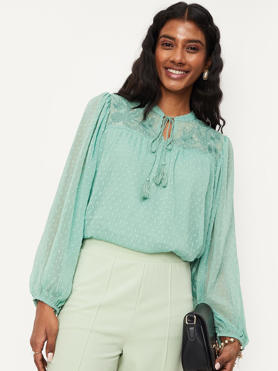 

max Self Design Tie-Up Neck Puff Sleeves Top, Green