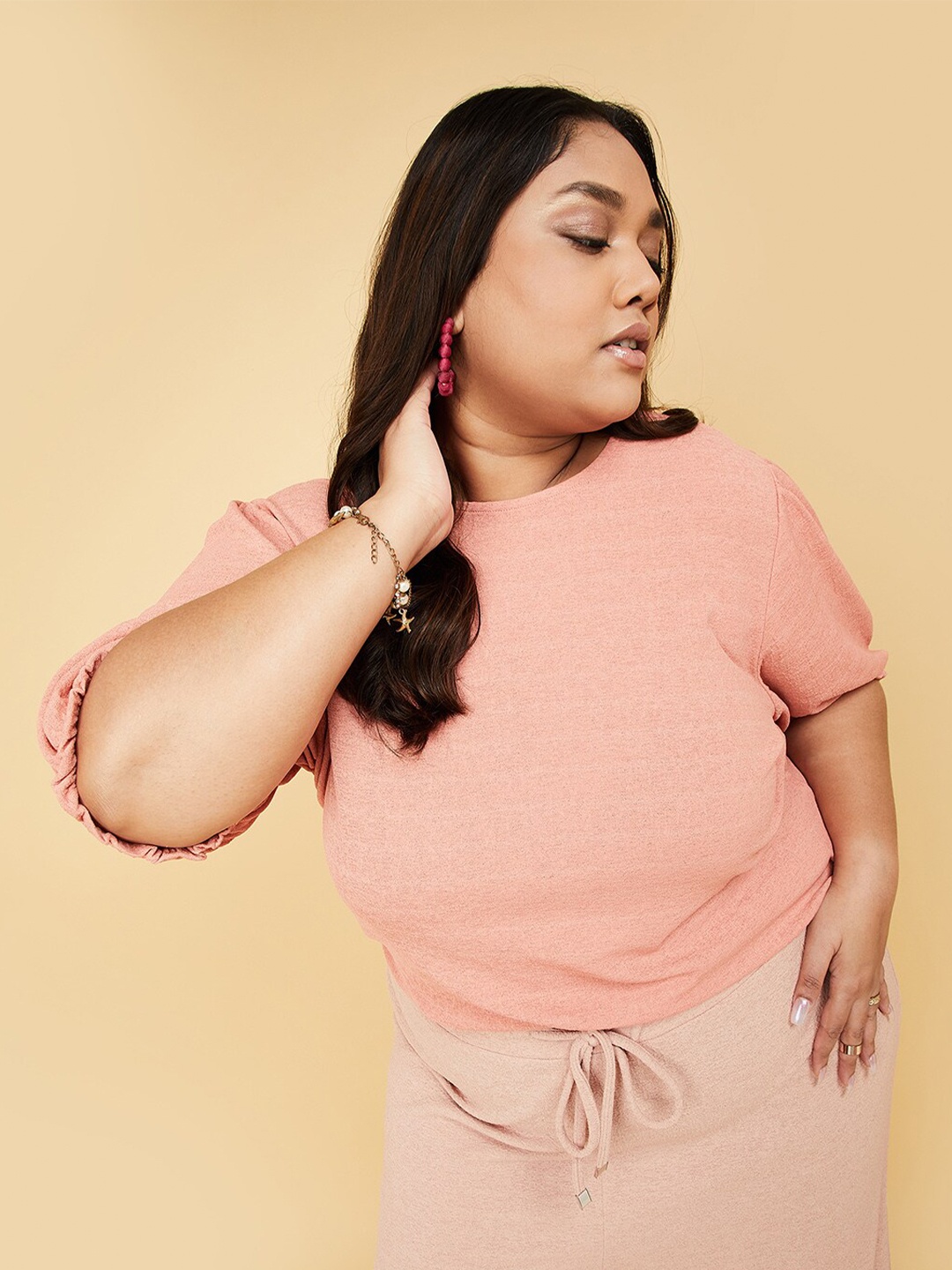 

max Plus Size Puff Sleeves Cotton Top, Peach