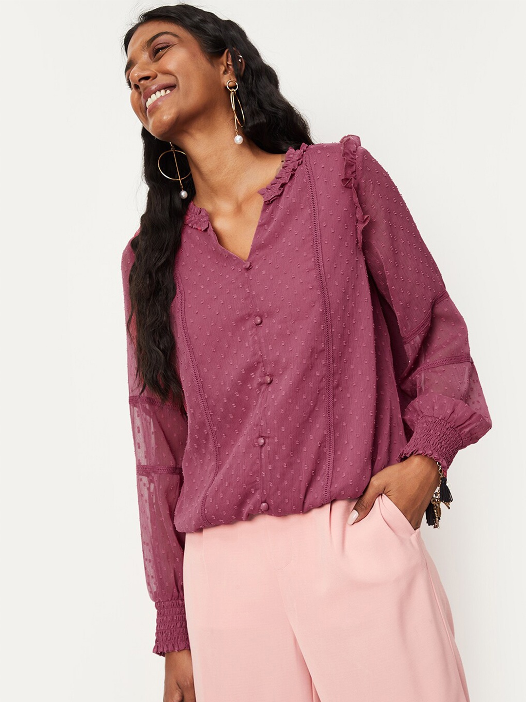 

max Self Design Round Neck Ruffles Detail Top, Mauve