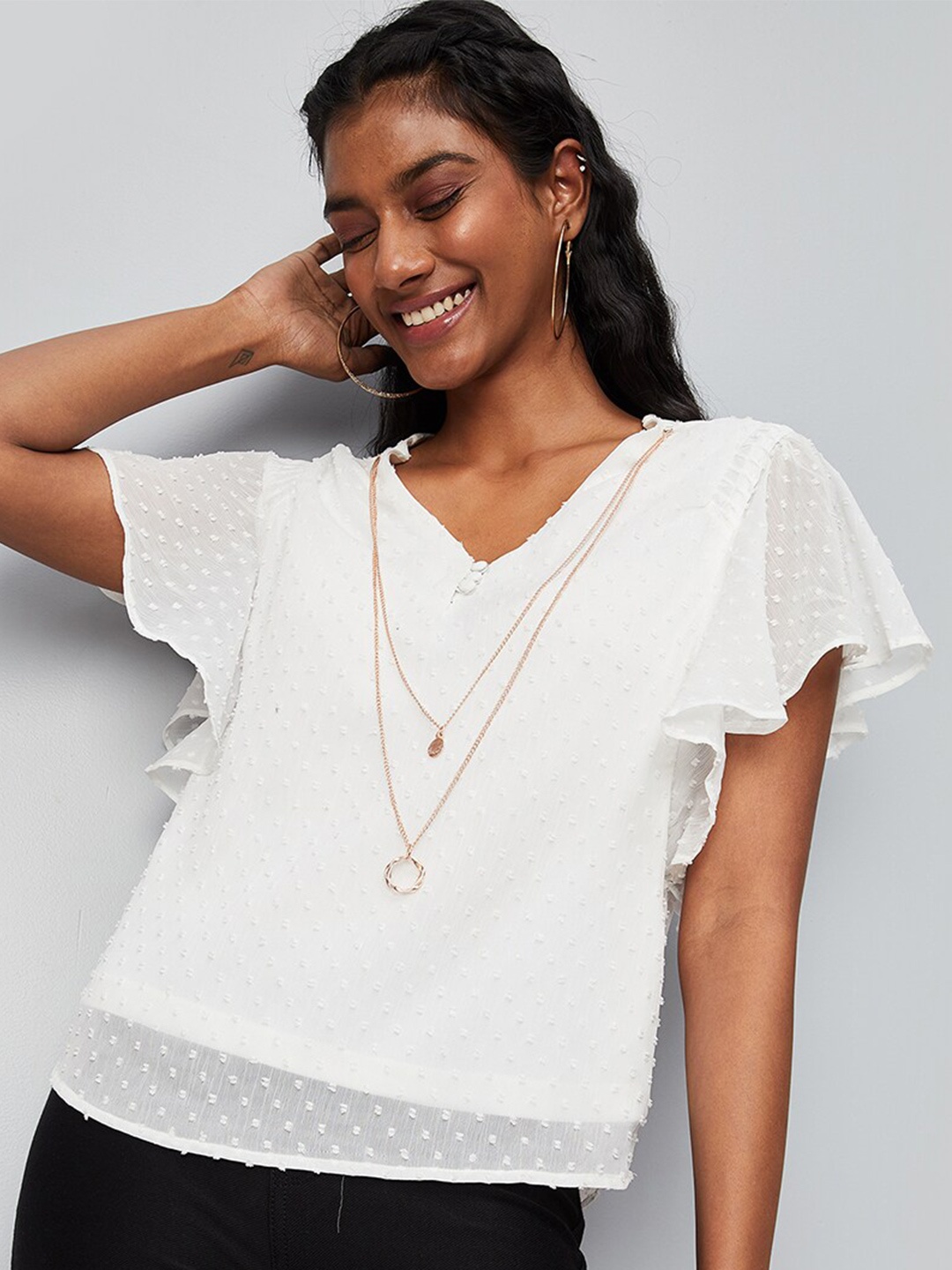 

max Self Design V-Neck Flutter Sleeves Top, White