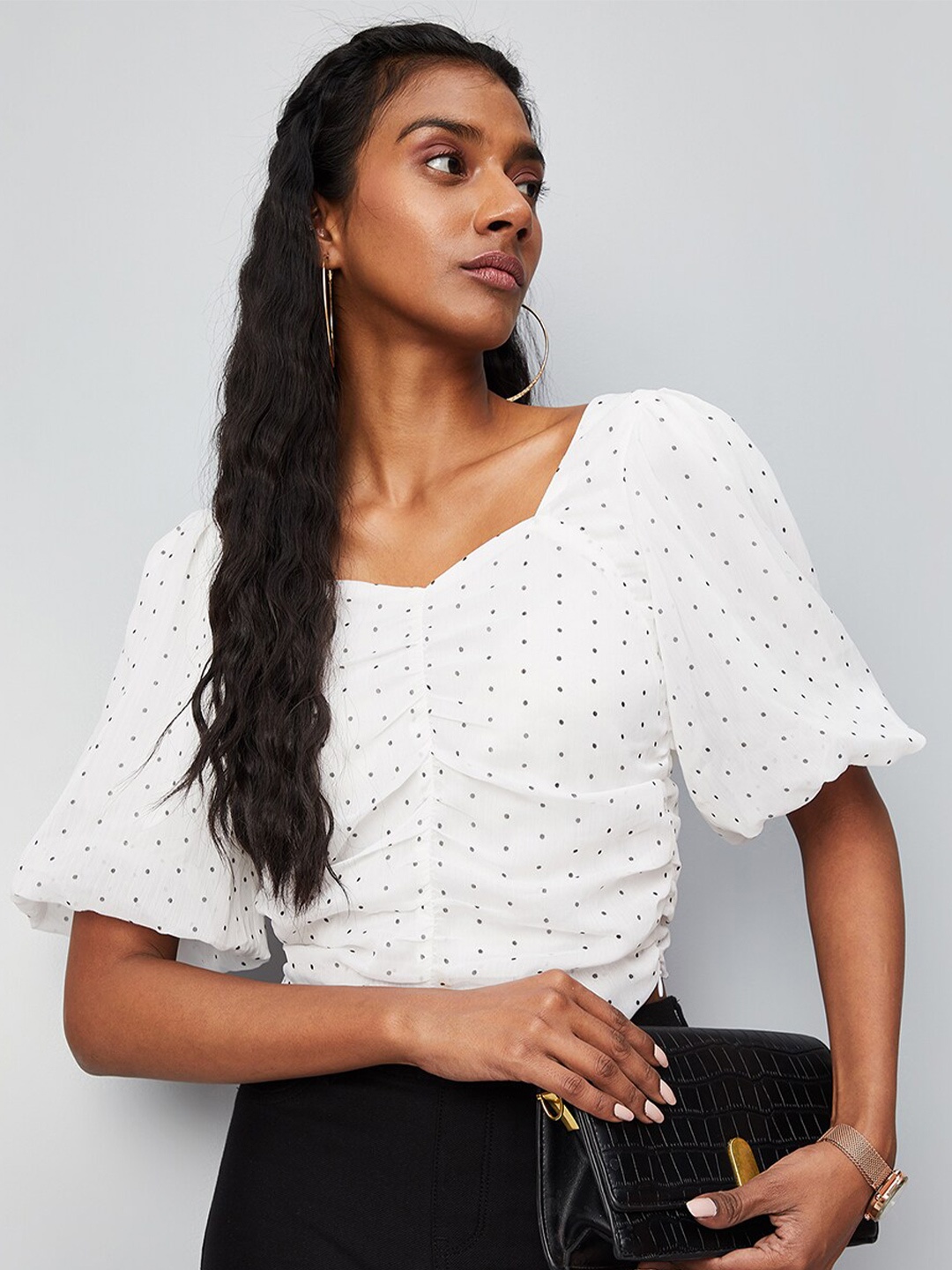 

max Polka Dots Sweet Heart Neck Top, White