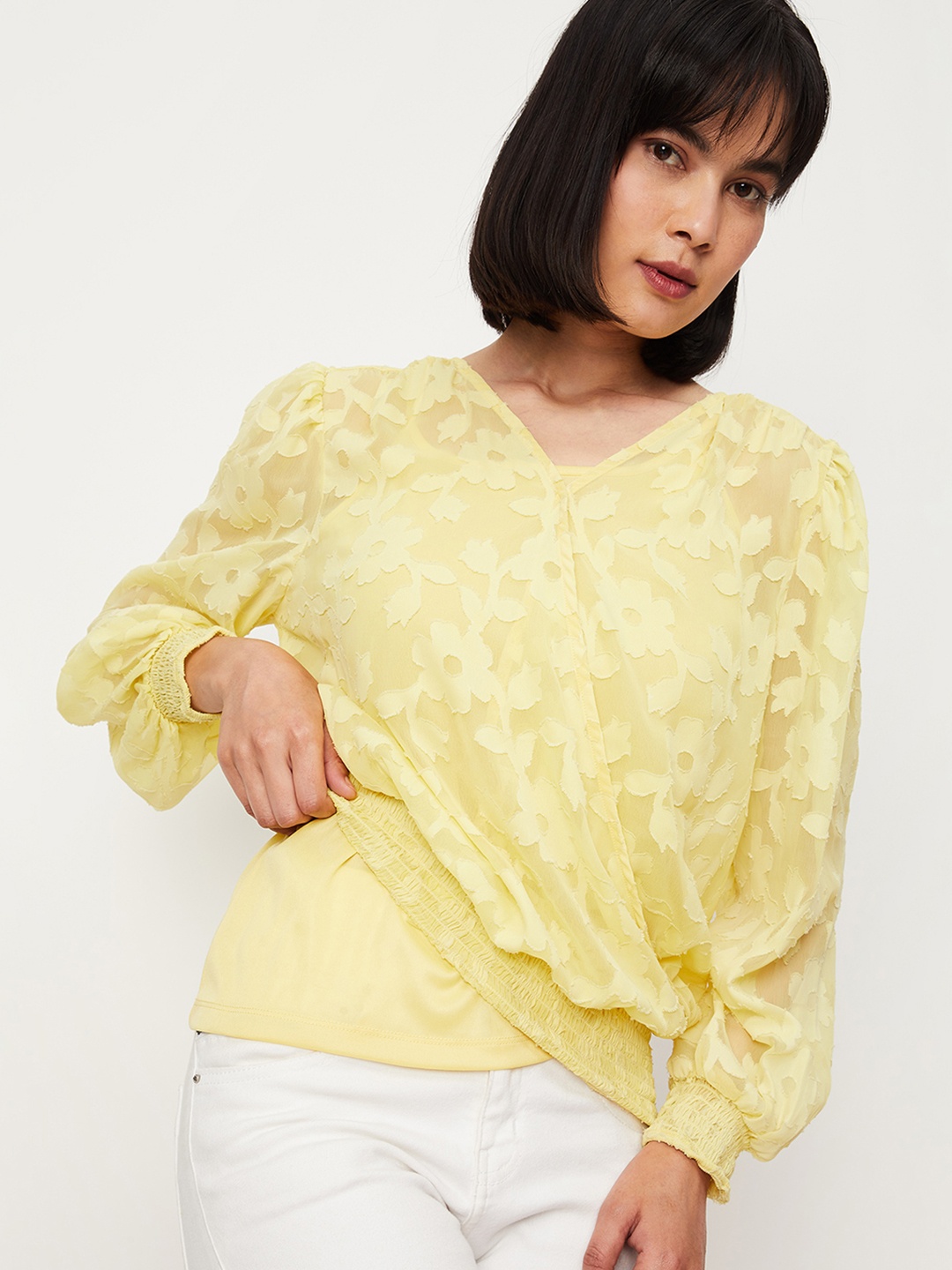 

max Floral Self Design Puff Sleeves Wrap Top, Yellow
