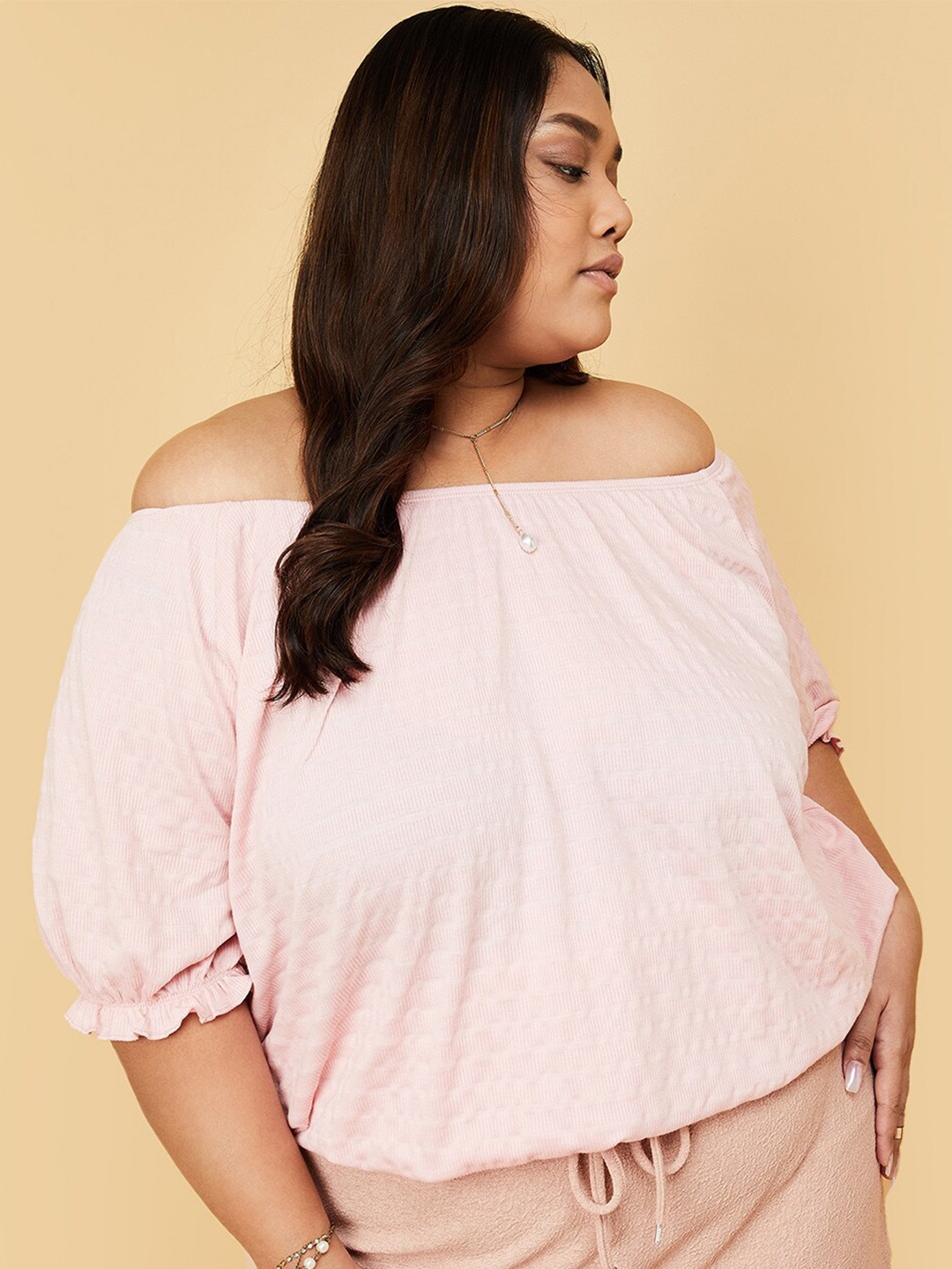 

max Plus Size Off-Shoulder Puff Sleeves Top, Orange