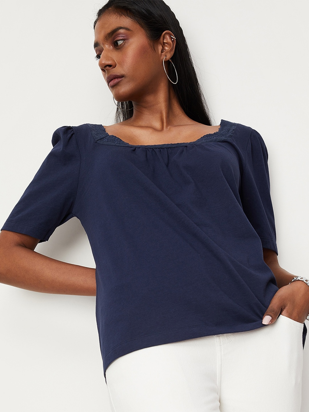 

max Round Neck Puff Sleeves Pure Cotton Top, Blue