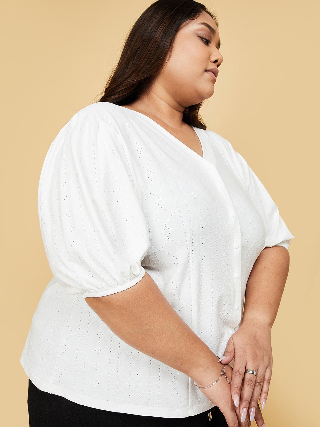 

max Plus Size Self Design Puff Sleeves Cotton Shirt Style Top, White