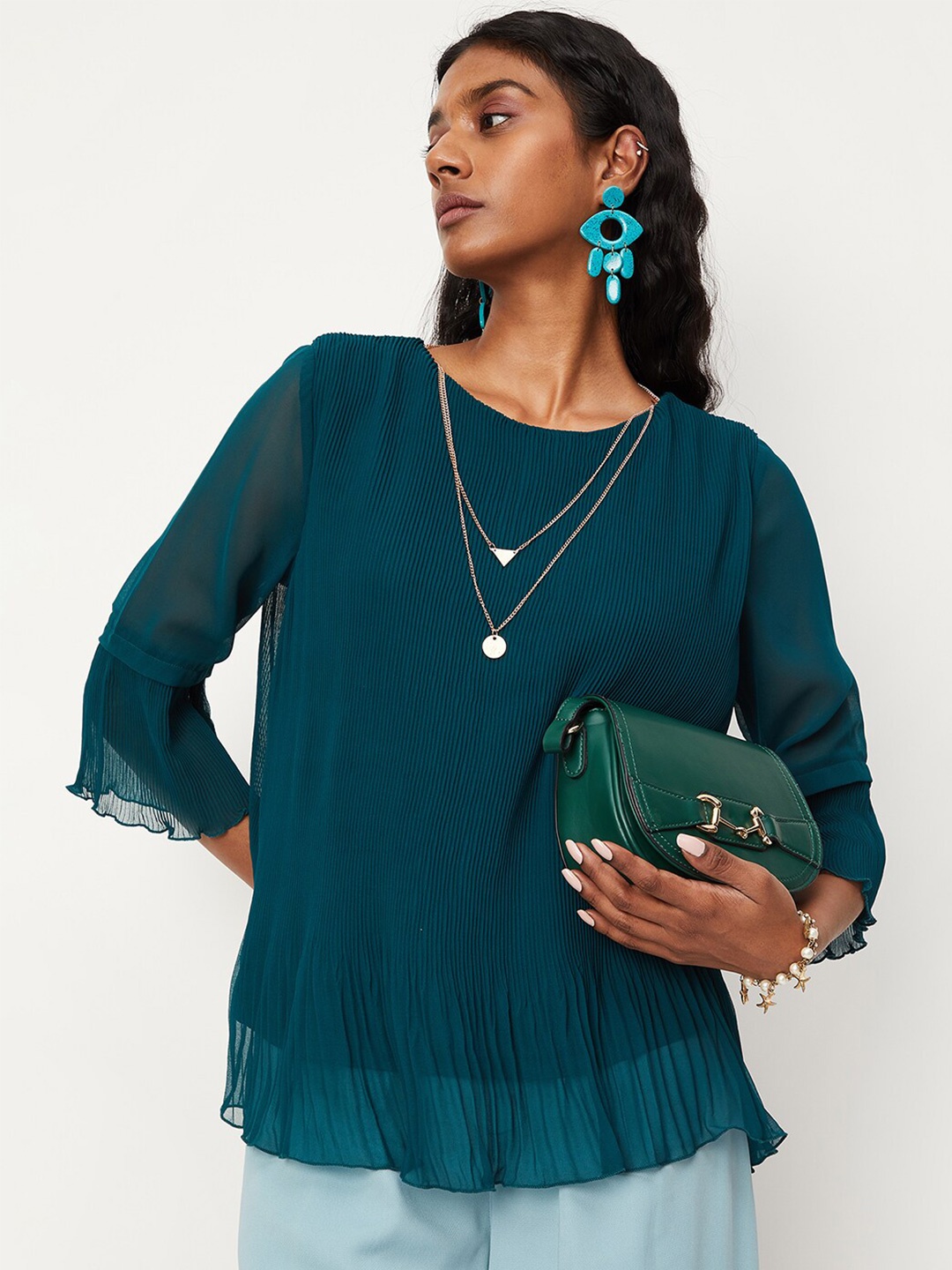 

max Self Design Round Neck Bell Sleeves Top, Green