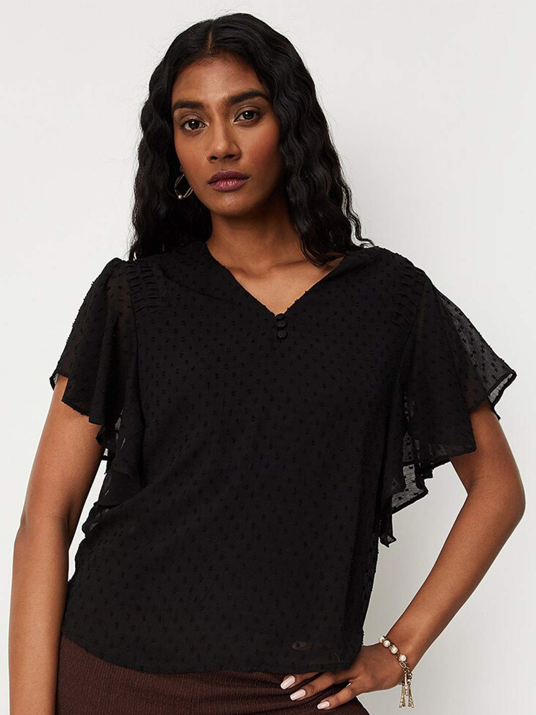 

max Self Design V-Neck Flutter Sleeves Top, Black