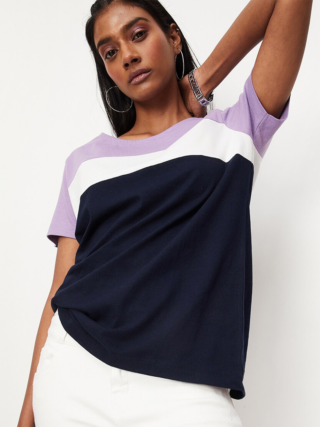 

max Colourblocked Cotton Styled Back Top, Purple